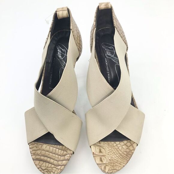 Donald J. Pliner Tan Crisscross Elastic Faux Crocodile Open Toe Heels - Picture 2 of 16